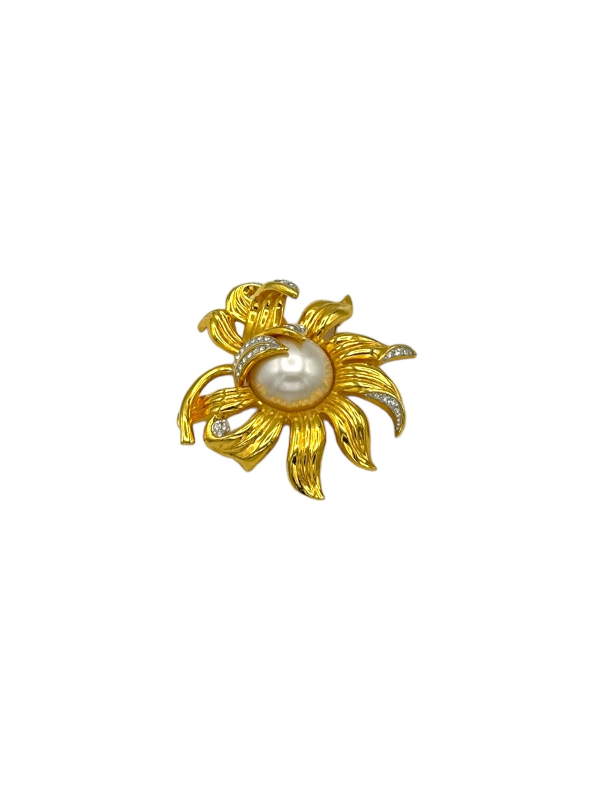 Joan Rivers Gold Figural Sunflower Pearl & Rhinestone Vintage Brooch - 24 Wishes Vintage Jewelry