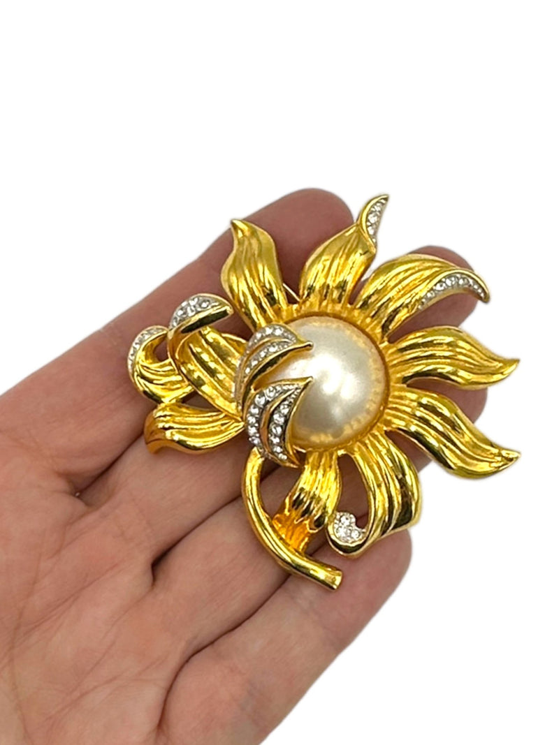 Joan Rivers Gold Figural Sunflower Pearl & Rhinestone Vintage Brooch - 24 Wishes Vintage Jewelry