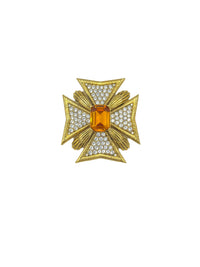 Joan Rivers Gold Maltese Cross Orange Amber Center Crystal Vintage Brooch - 24 Wishes Vintage Jewelry
