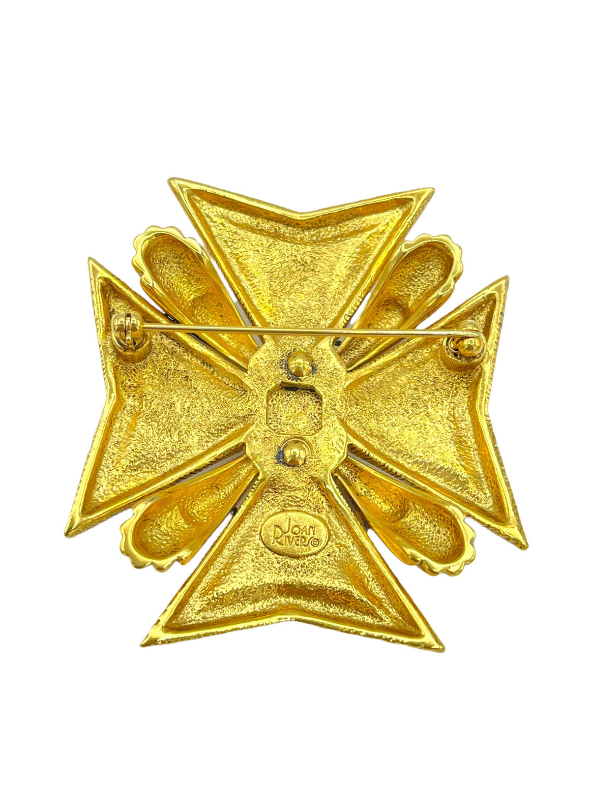 Joan Rivers Gold Maltese Cross Orange Amber Center Crystal Vintage Brooch - 24 Wishes Vintage Jewelry