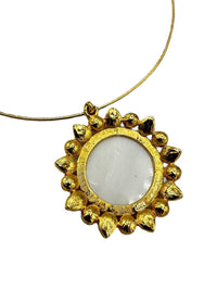 Joan Rivers Gold Mother of Pearl Medallion Pendant Wire Vintage Necklace - 24 Wishes Vintage Jewelry