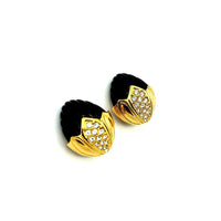 Joan Rivers Gold Rhinestone Black Floral Vintage Clip-On Earrings - 24 Wishes Vintage Jewelry