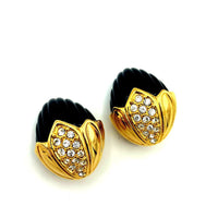 Joan Rivers Gold Rhinestone Black Floral Vintage Clip-On Earrings - 24 Wishes Vintage Jewelry