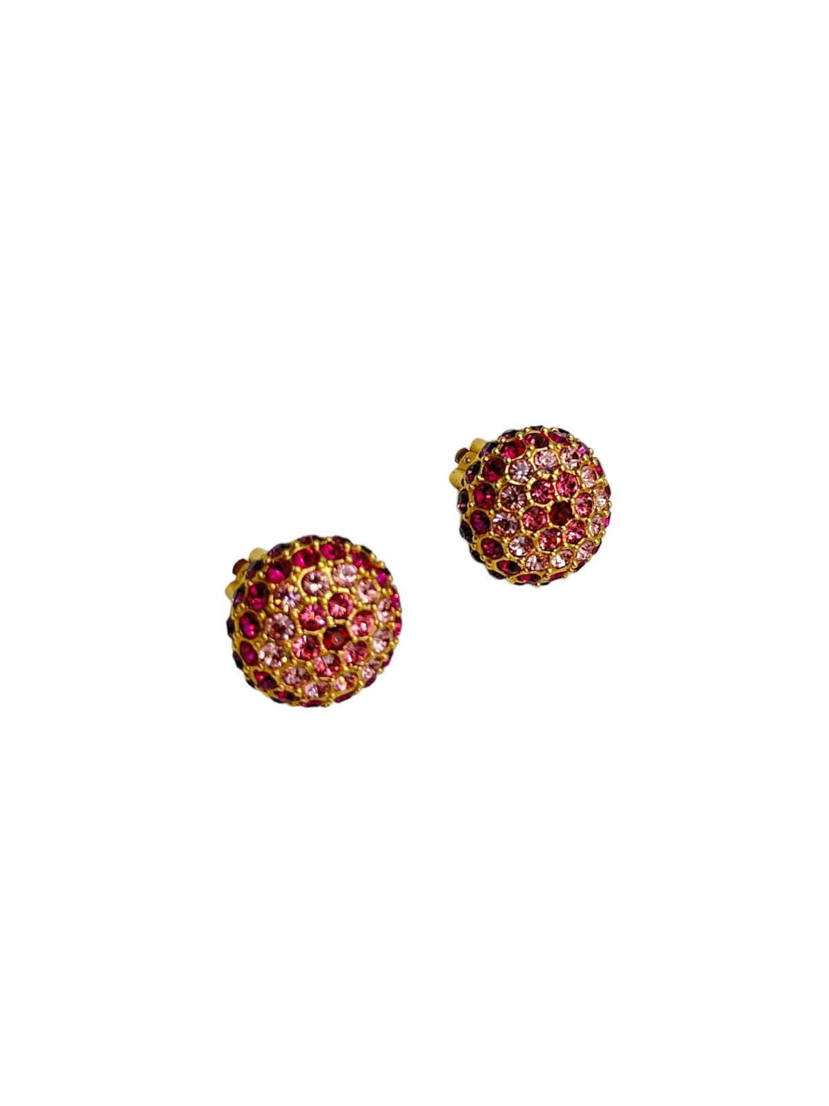 Joan Rivers Gold Round Pink & Red Rhinestone Clip-On Earrings - 24 Wishes Vintage Jewelry