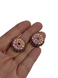 Joan Rivers Gold Round Pink & Red Rhinestone Clip-On Earrings - 24 Wishes Vintage Jewelry