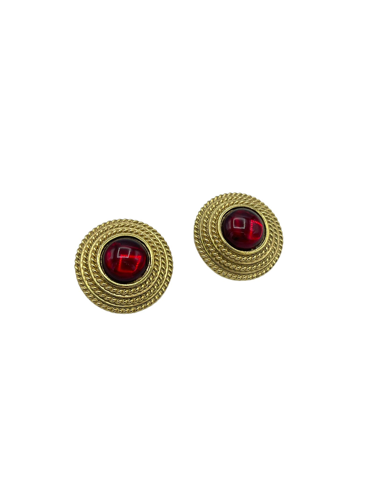 Joan Rivers Gold Round Red Cabochon Clip-On Earrings - 24 Wishes Vintage Jewelry