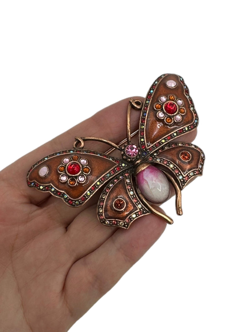 Joan Rivers Large Cabochon & Rhinestone Embellished Butterfly Brooch - 24 Wishes Vintage Jewelry