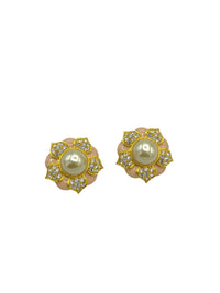 Joan Rivers Large Gold Flower Rhinestone & Pearl Clip-On Earrings - 24 Wishes Vintage Jewelry