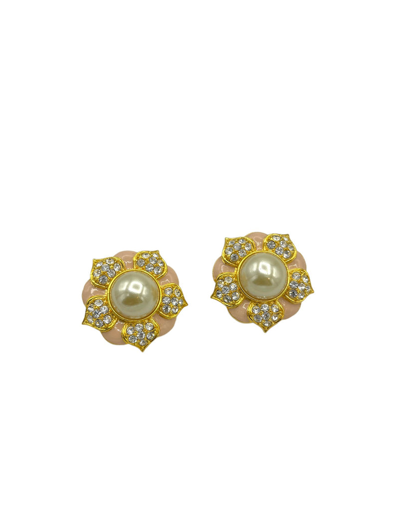 Joan Rivers Large Gold Flower Rhinestone & Pearl Clip-On Earrings - 24 Wishes Vintage Jewelry