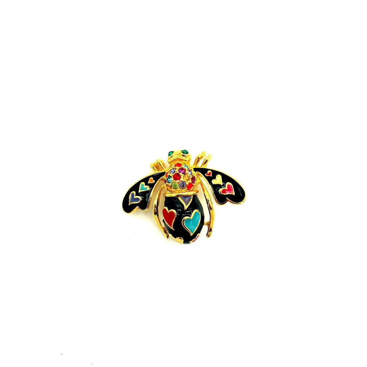 Joan Rivers Petite Black Enamel Hearts & Rhinestone Bee Brooch Pin - 24 Wishes Vintage Jewelry