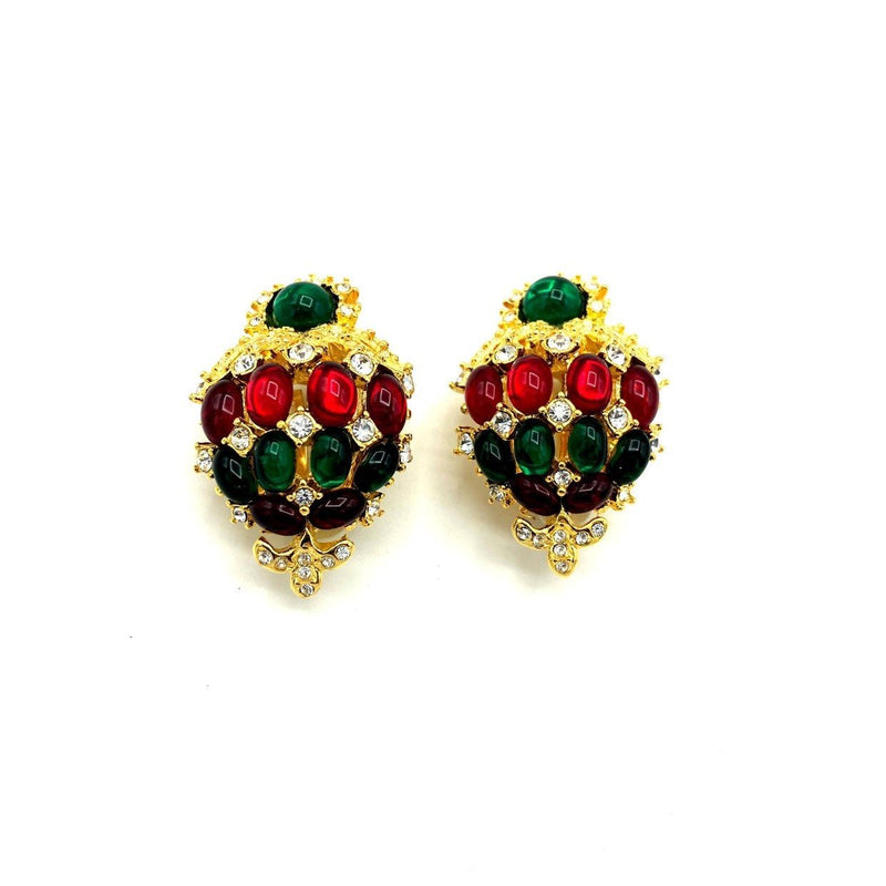 Joan Rivers Red & Green Mogul Christmas Tree Vintage Clip-On Earrings - 24 Wishes Vintage Jewelry