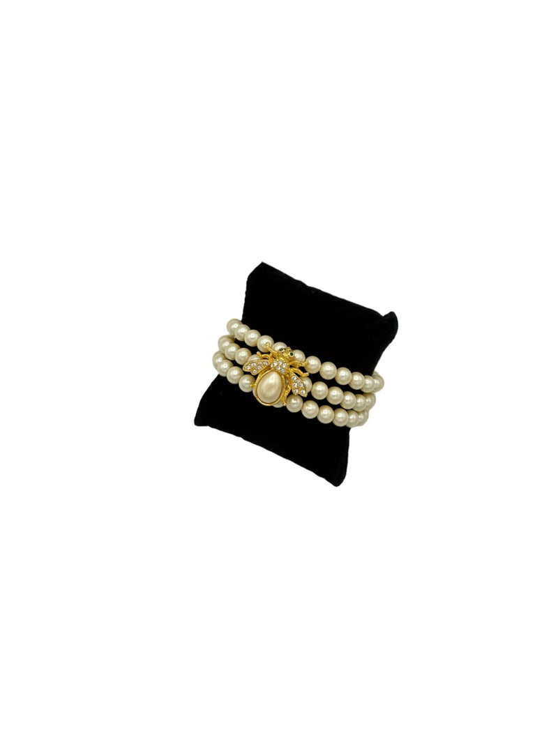 Joan Rivers Three Pearl Strand Gold Bee Statement Bracelet - 24 Wishes Vintage Jewelry
