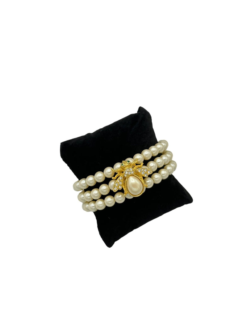 Joan Rivers Three Pearl Strand Gold Bee Statement Bracelet - 24 Wishes Vintage Jewelry
