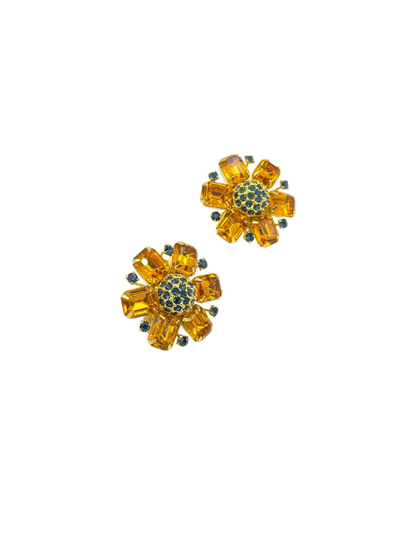 Joan Rivers Topaz Orange & Blue Flower Rhinestone Clip-On Earrings - 24 Wishes Vintage Jewelry