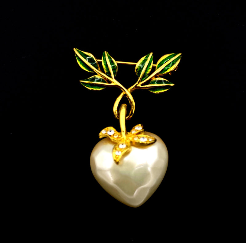 Joan Rivers White Pearl Dangle Heart Floral Vintage Brooch - 24 Wishes Vintage Jewelry