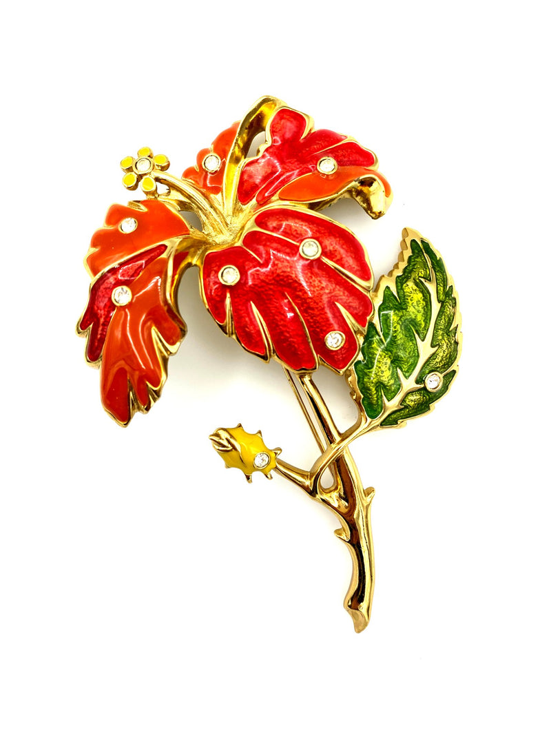 Jose Maria Barrera Large Gold Orange Enamel Flower Statement Brooch - 24 Wishes Vintage Jewelry
