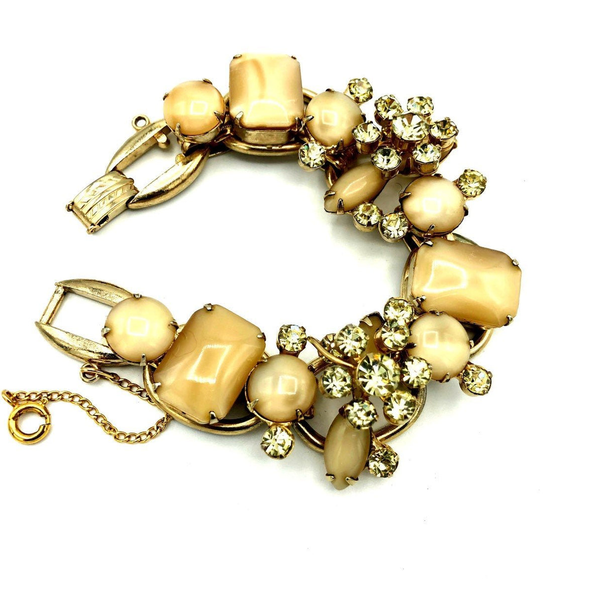 Juliana Delizza and Elster Art Stones & Green Rhinestone Statement Bracelet - 24 Wishes Vintage Jewelry
