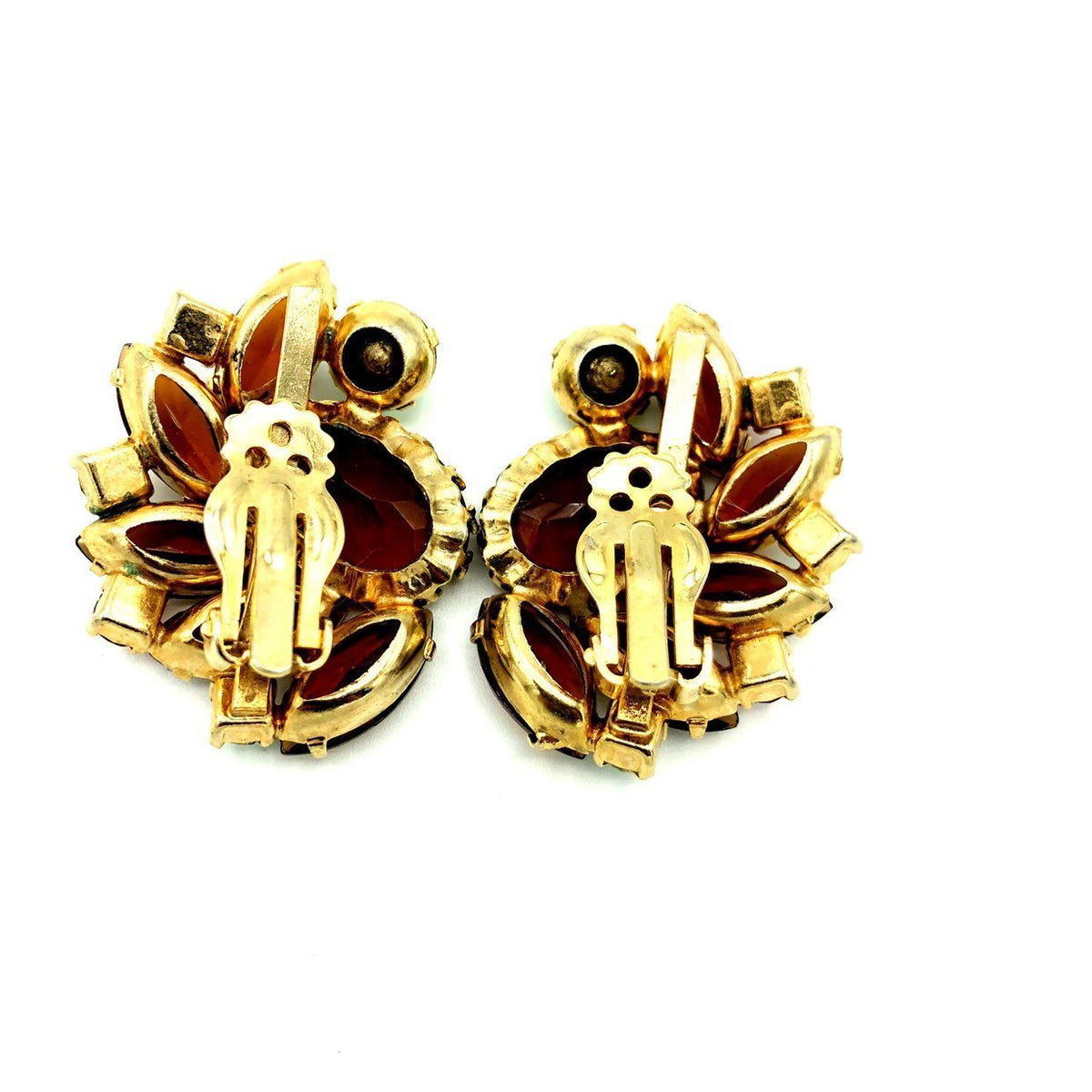 Juliana Delizza and Elster (D&E) Brown Topaz Statement Rhinestone Clip-On Earrings - 24 Wishes Vintage Jewelry