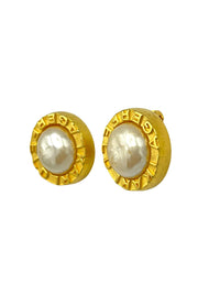 Karl Lagerfeld Matt Gold Round Logo Baroque Pearl Vintage Clip-On Earrings - 24 Wishes Vintage Jewelry