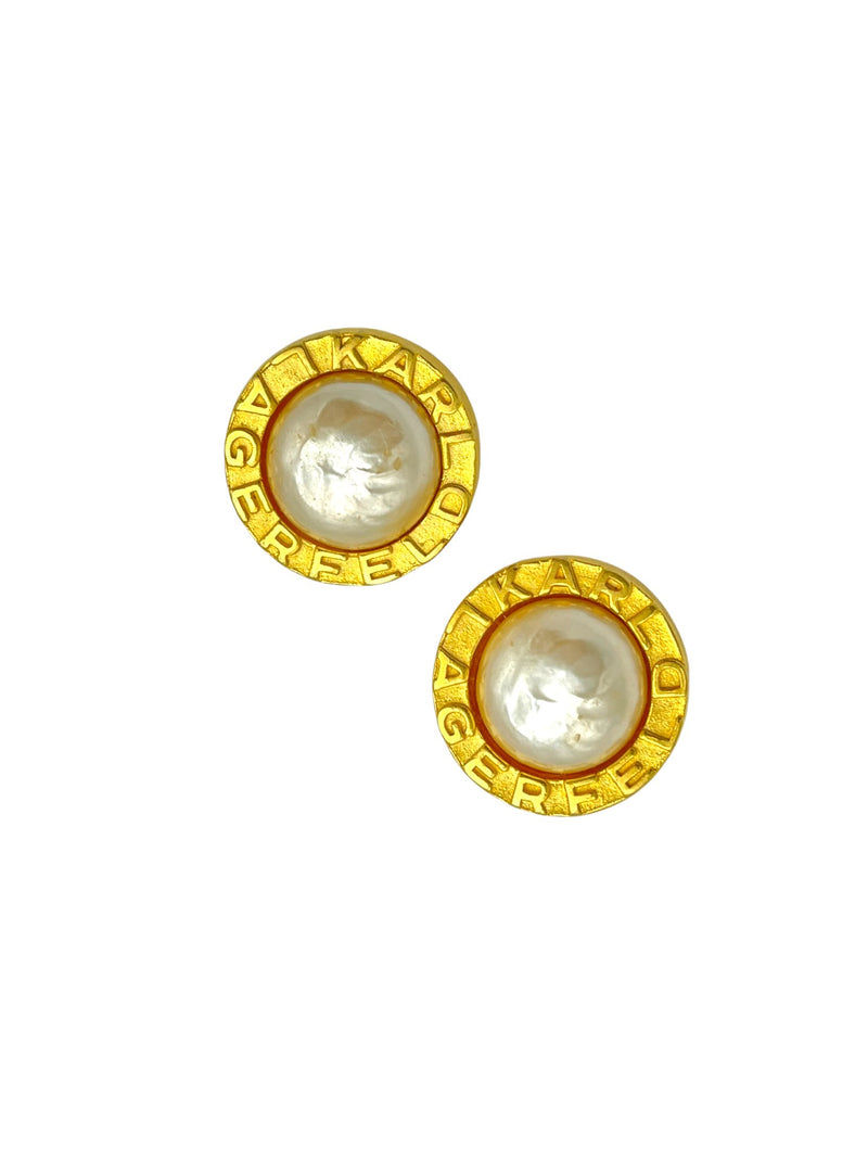 Karl Lagerfeld Matt Gold Round Logo Baroque Pearl Vintage Clip-On Earrings - 24 Wishes Vintage Jewelry