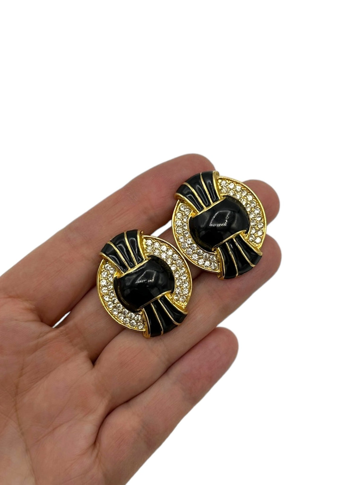 Kenneth Jay Lane Art Deco Style Black Enamel Crystal Rhinestone Vintage Clip-On Earrings - 24 Wishes Vintage Jewelry