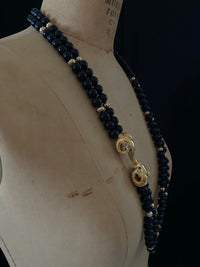 Kenneth Jay Lane Black Bead Two Strand Ram Head Pendant - 24 Wishes Vintage Jewelry
