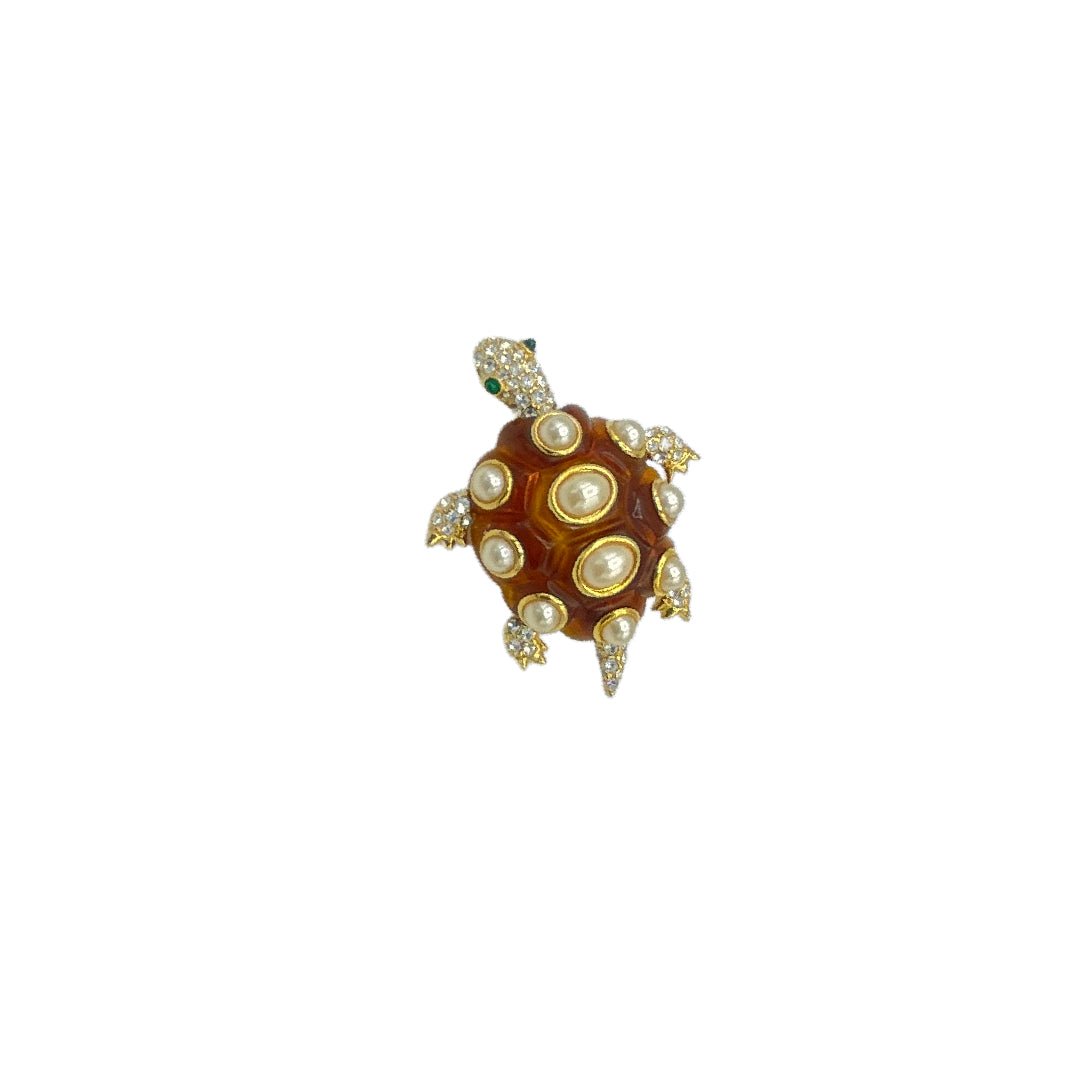 Kenneth Jay Lane Brown Pearl & Rhinestone Turtle Brooch - 24 Wishes Vintage Jewelry