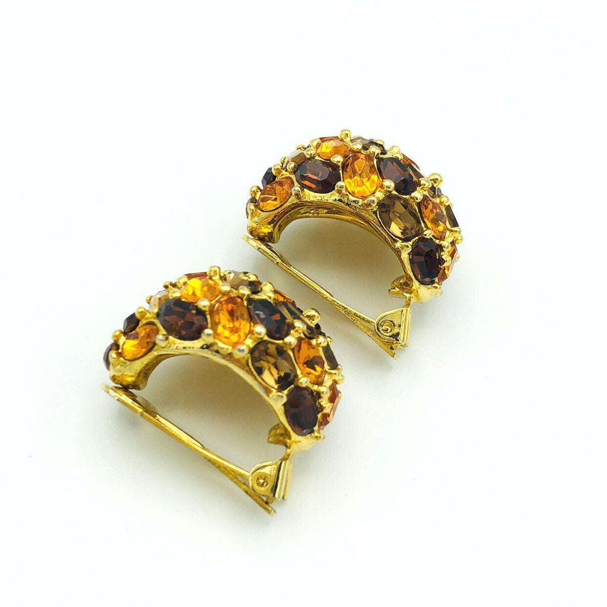 Kenneth Jay Lane Classic Gold & Brown Rhinestone Clip-On Earrings - 24 Wishes Vintage Jewelry
