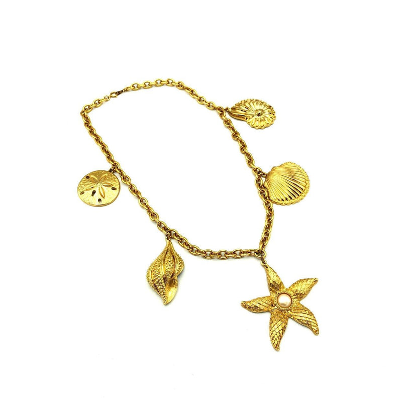 Kenneth Jay Lane Classic Gold Shell & Starfish Charm Chain Necklace - 24 Wishes Vintage Jewelry