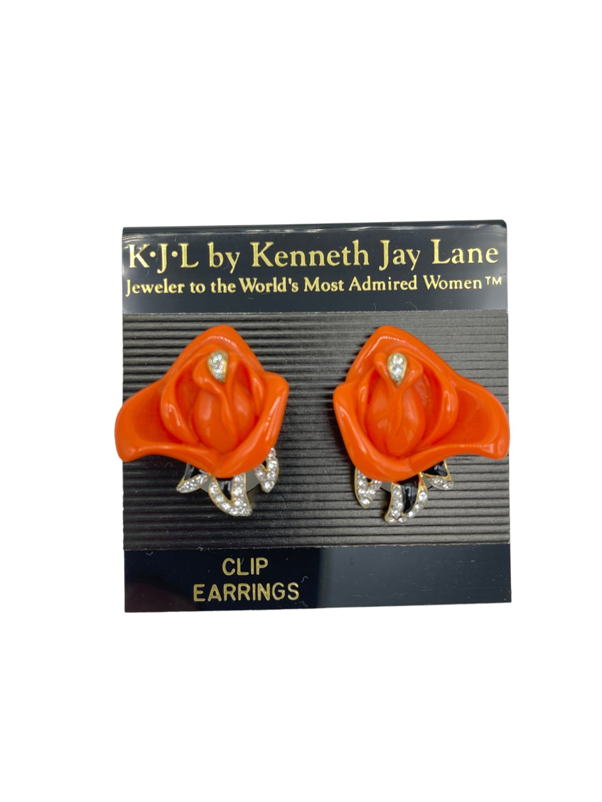 Kenneth Jay Lane Coral Rose & Rhinestone Clip-On Earrings - 24 Wishes Vintage Jewelry