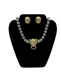 Kenneth Jay Lane Duchess Of Windsor Enamel Gray Panther Pendant & Earring Jewelry Set - 24 Wishes Vintage Jewelry