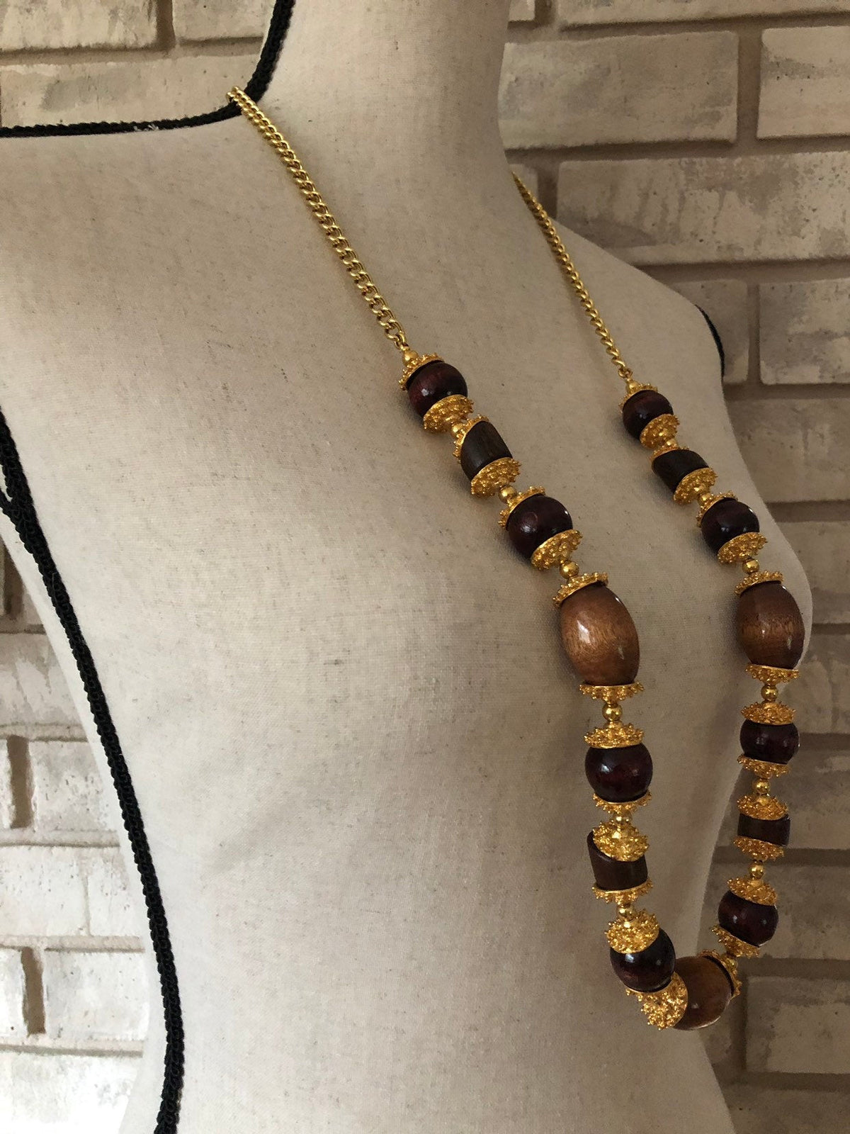 Kenneth Jay Lane Gold & Brown Wood Bead Statement Vintage Necklace – 24 ...