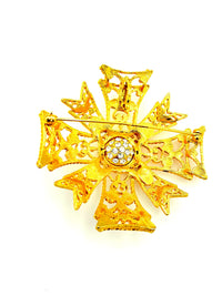 Kenneth Jay Lane Gold Filigree Maltese Cross Brooch - 24 Wishes Vintage Jewelry