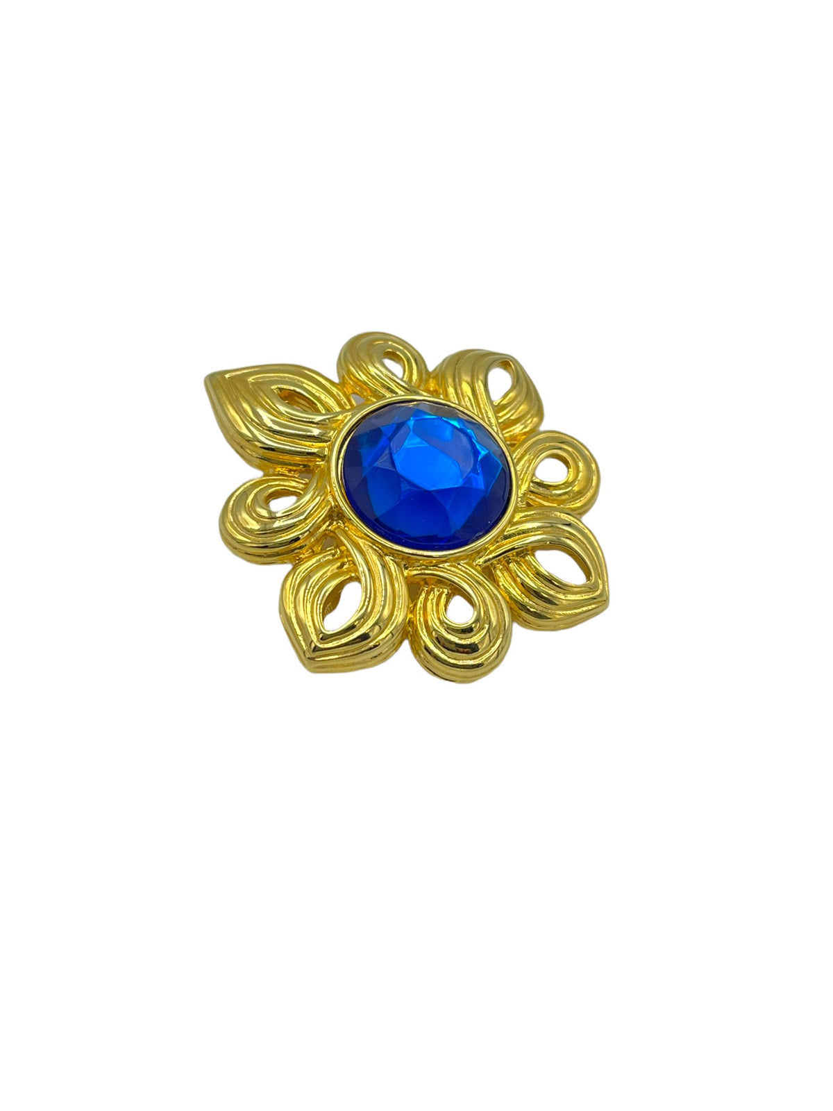 Kenneth Jay Lane Gold Scroll with Blue Rhinestone Pendant Brooch - 24 Wishes Vintage Jewelry