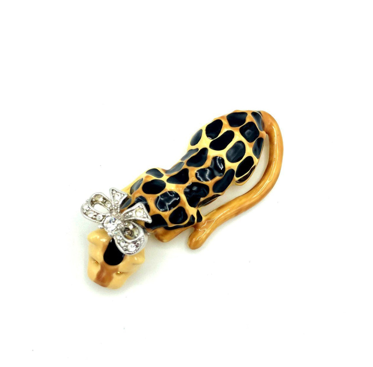 Kenneth Jay Lane KJL Black & Brown Spotted Enamel Leopard Brooch - 24 Wishes Vintage Jewelry