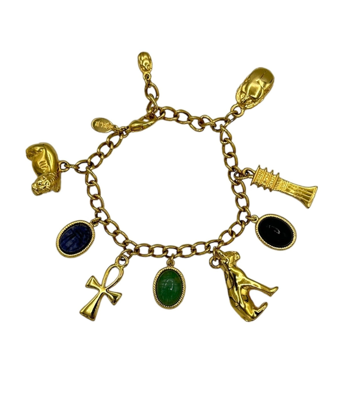 Kenneth Jay Lane KJL Gold Egyptian Revival Scarab Charm Bracelet - 24 Wishes Vintage Jewelry