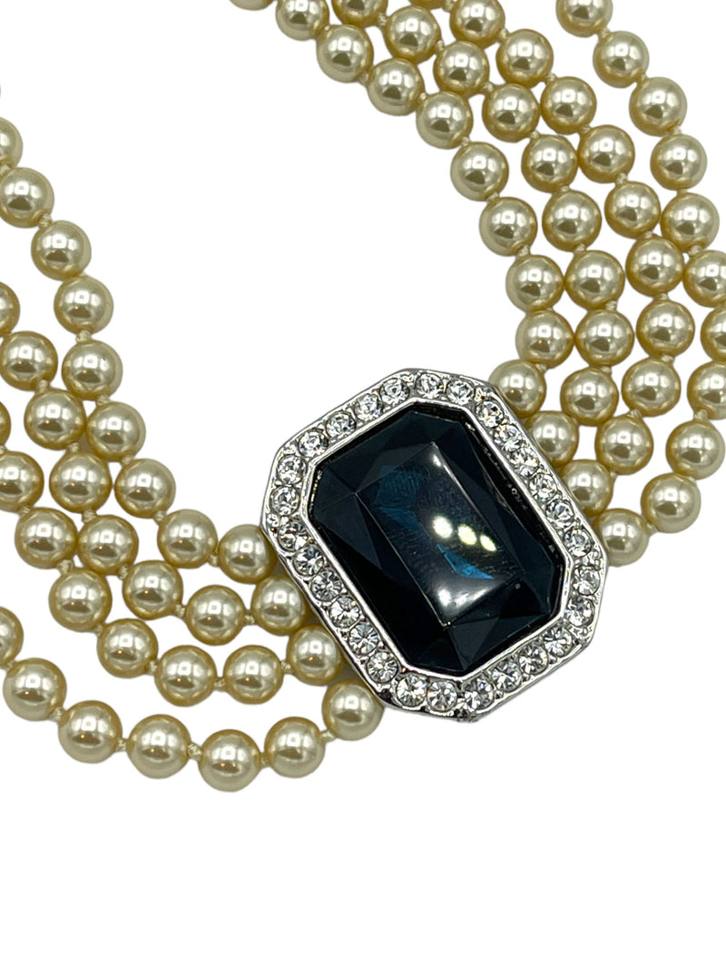 Kenneth Jay Lane (KJL) Pearl Sapphire & Rhinestone Statement Necklace - 24 Wishes Vintage Jewelry