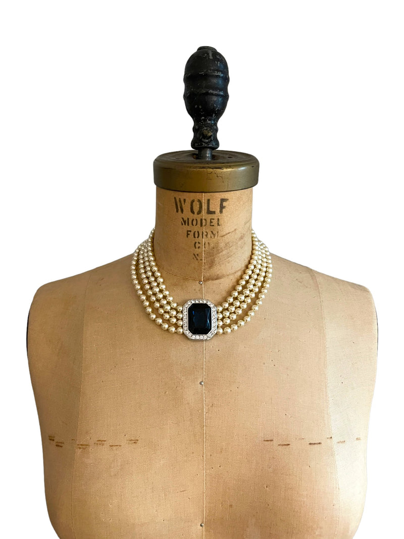 Kenneth Jay Lane (KJL) Pearl Sapphire & Rhinestone Statement Necklace - 24 Wishes Vintage Jewelry