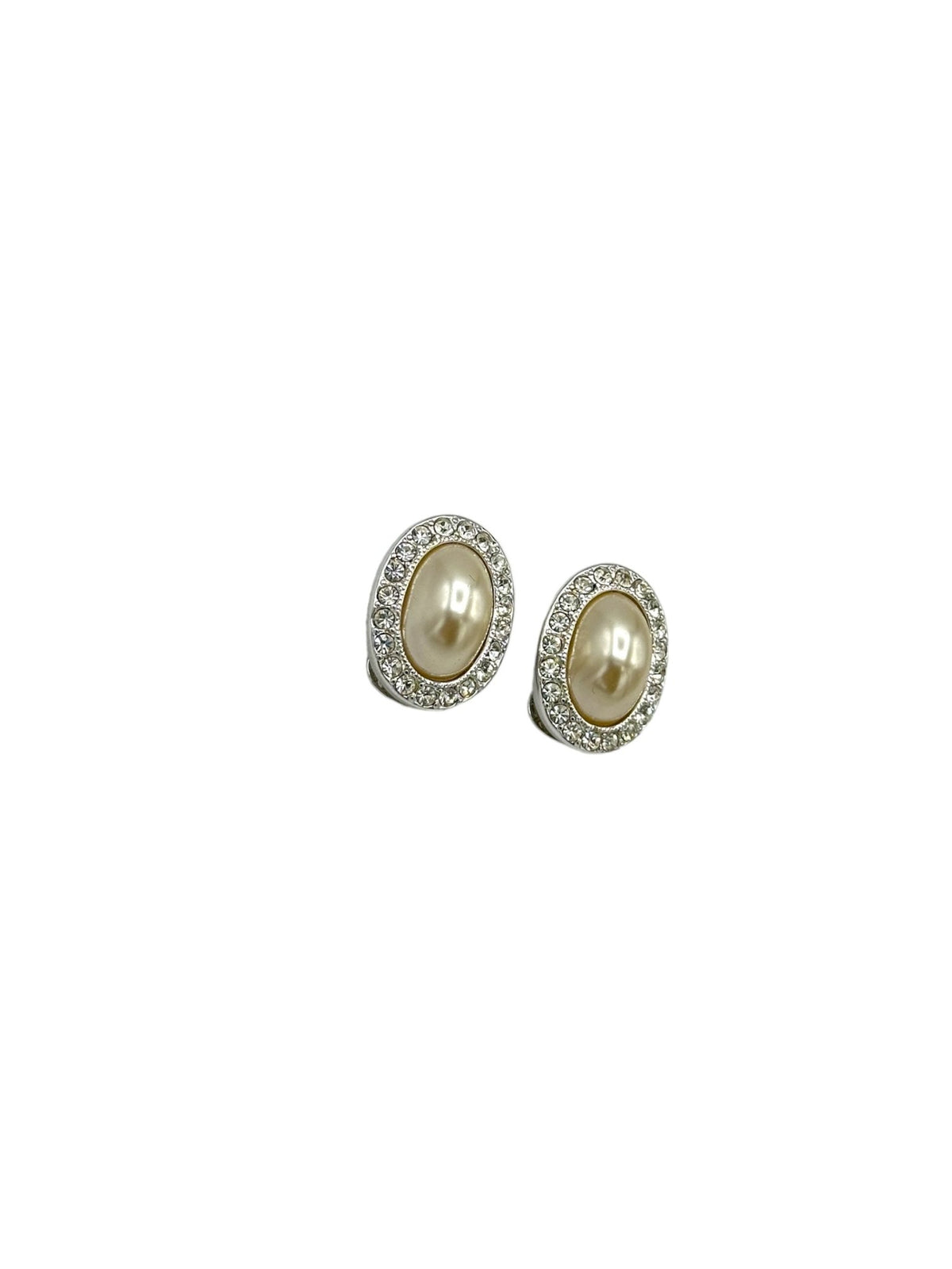 Kenneth Jay Lane Silver Rhinestone Pearl Vintage Clip-On Earrings - 24 Wishes Vintage Jewelry