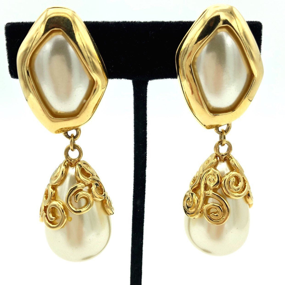 Kenneth Jay Lane Statement Pearl Dangle Vintage Clip-On Earrings - 24 Wishes Vintage Jewelry