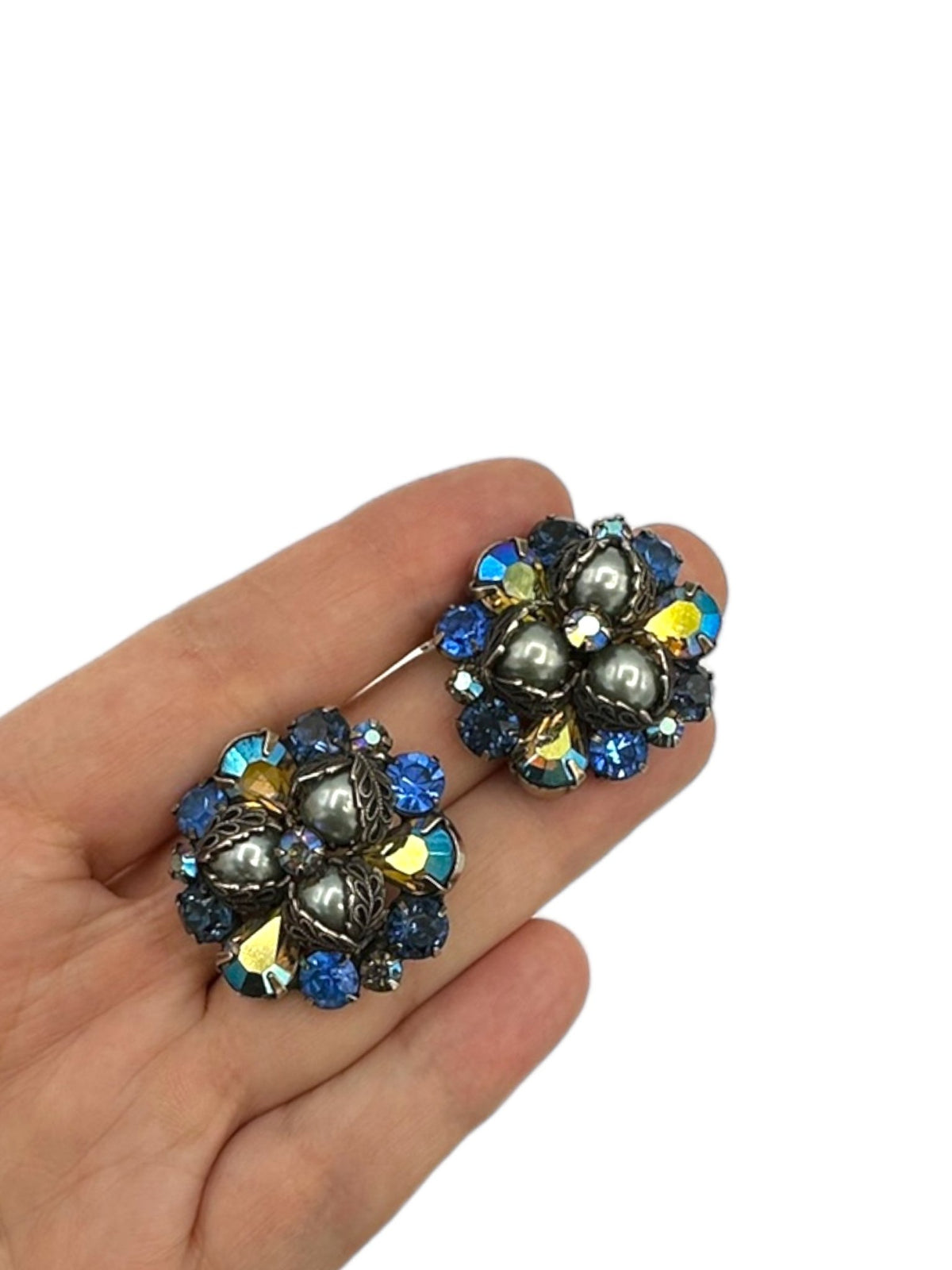 Kramer Layered Blue Rhinestone & Pearl Floral Clip-On Earrings - 24 Wishes Vintage Jewelry