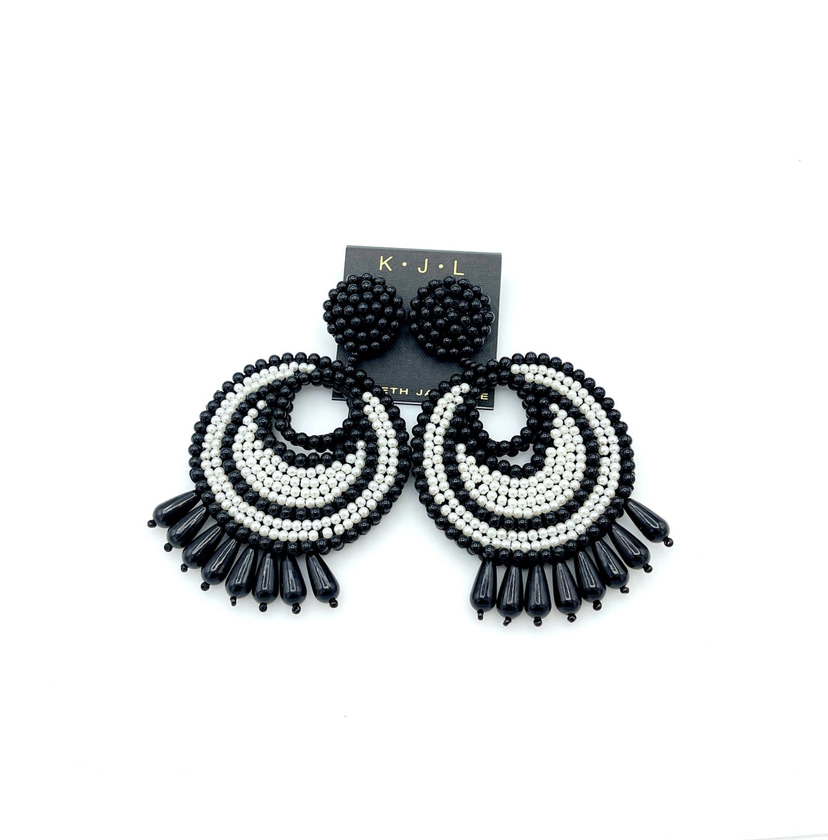 Large Black and White Beaded Kenneth Jay Lane Dangle Pierced Earrings - 24 Wishes Vintage Jewelry