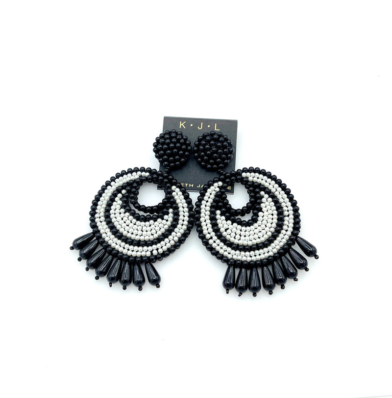 Large Black and White Beaded Kenneth Jay Lane Dangle Pierced Earrings - 24 Wishes Vintage Jewelry