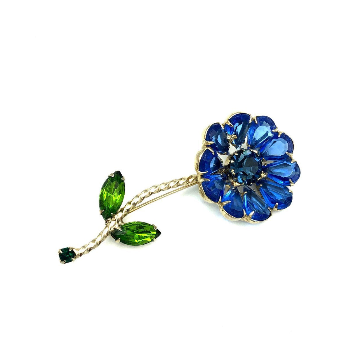 Large Blue Rhinestone Long Stem Flower Brooch - 24 Wishes Vintage Jewelry