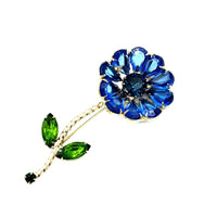 Large Blue Rhinestone Long Stem Flower Brooch - 24 Wishes Vintage Jewelry