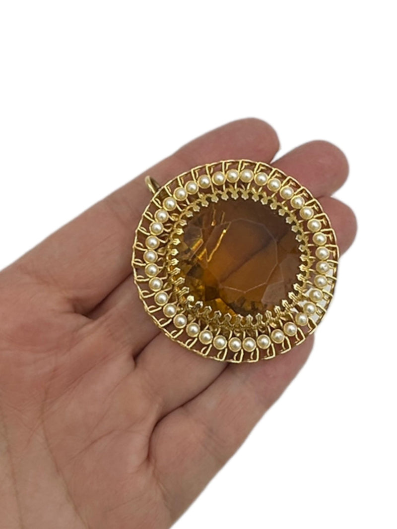 Large Gold Citrine Faceted Glass Pearl Statement Brooch Pendant - 24 Wishes Vintage Jewelry