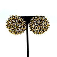 Large Gold Cluster Black Flower Rhinestone Clip-On Earrings - 24 Wishes Vintage Jewelry