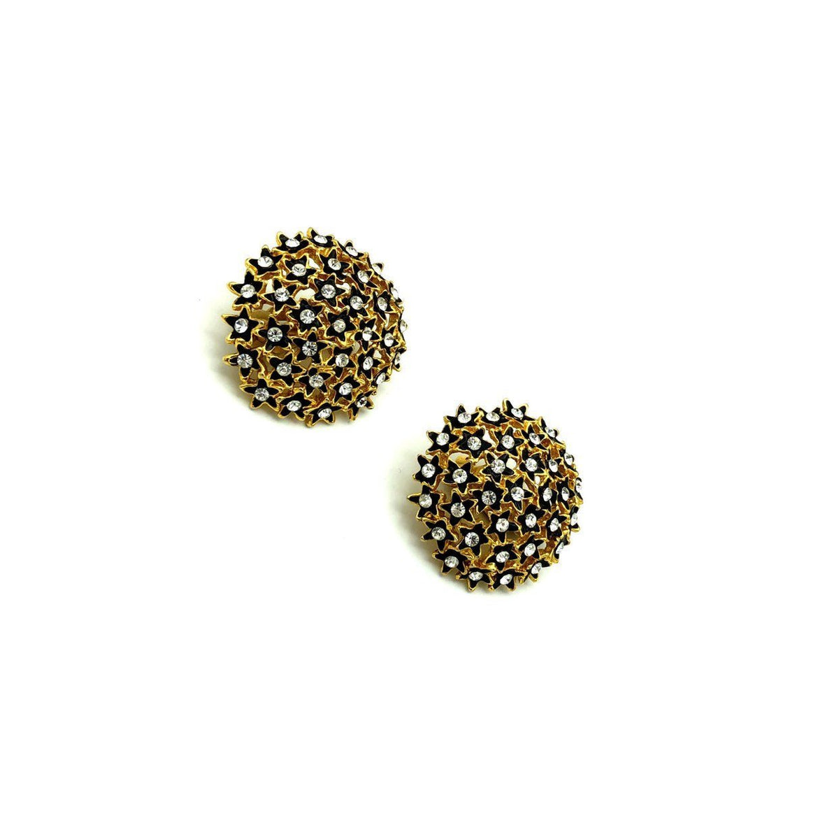 Large Gold Cluster Black Flower Rhinestone Clip-On Earrings - 24 Wishes Vintage Jewelry