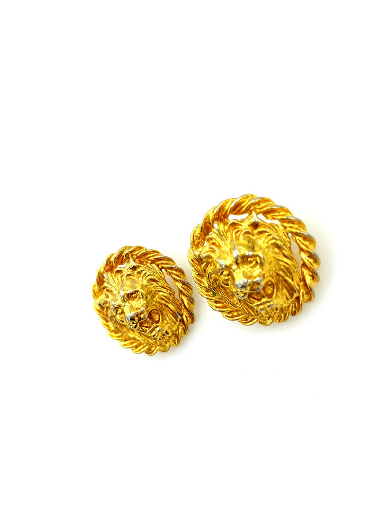 Large Round Gold Lion Medallion Pierced Earrings - 24 Wishes Vintage Jewelry