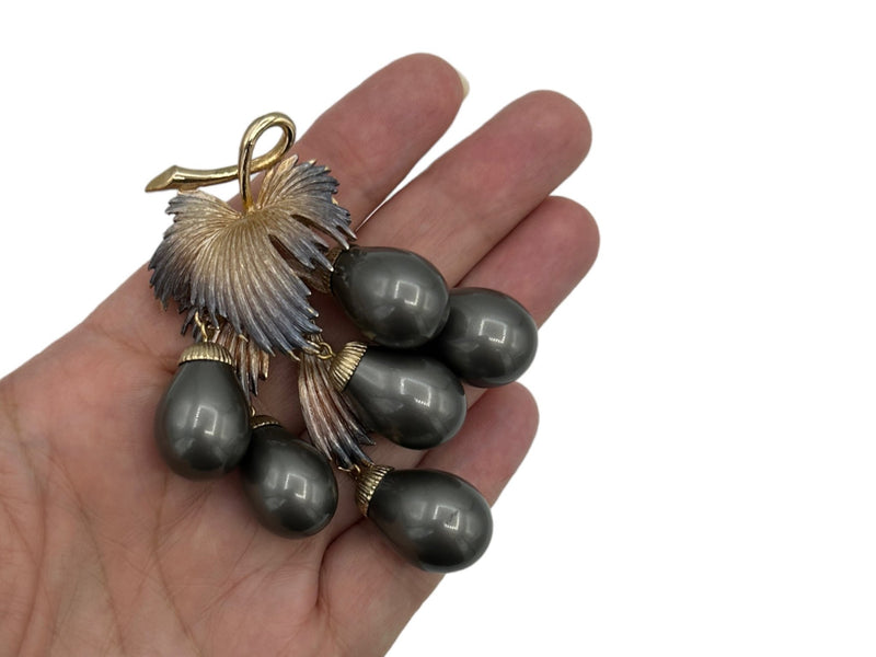 Layered Classic Enamel Gray Pearl Dangle Brooch - 24 Wishes Vintage Jewelry